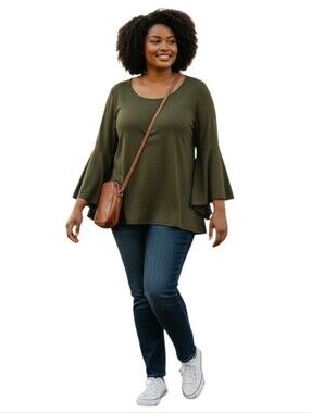 Ashley Stewart Stretchy Knit Army Green Bell Sleeve Top 18/20